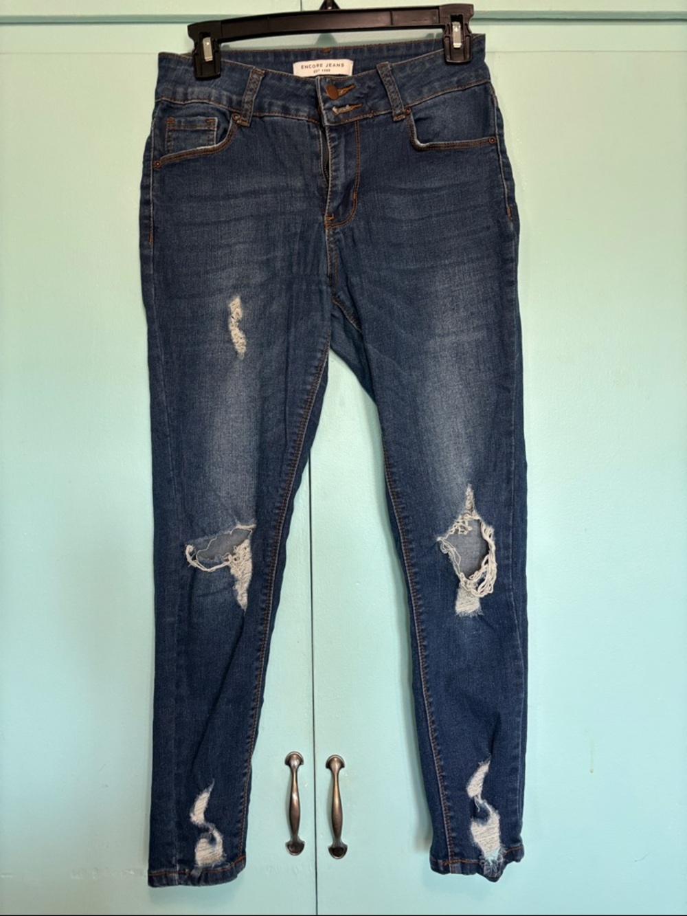 Encore Jeans Distressed Indigo Skinny Jeans
